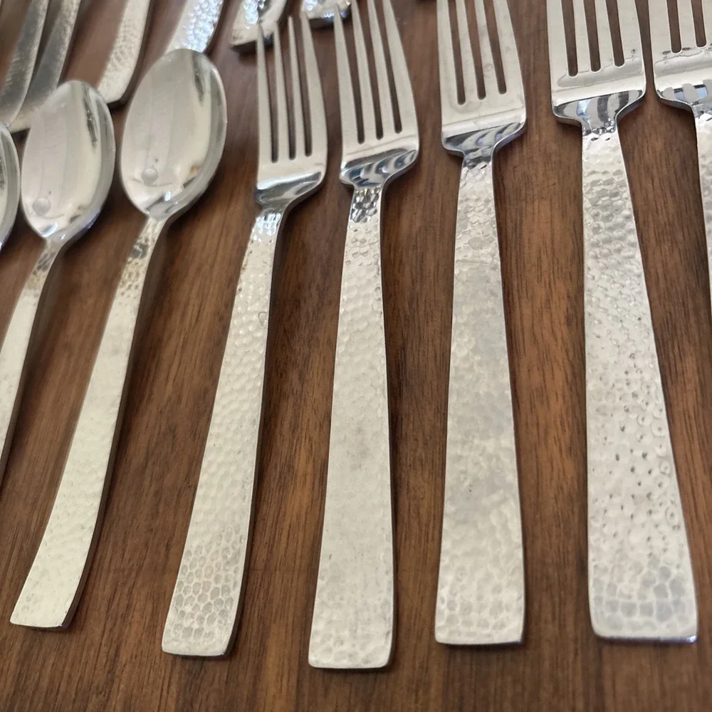 Godinger Castello Hammered Stainless Flatware Knives Forks Spoons - Lot Of 45